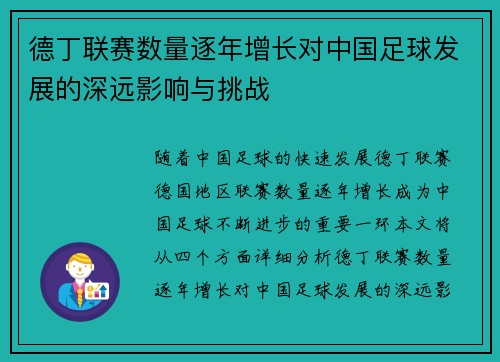 德丁联赛数量逐年增长对中国足球发展的深远影响与挑战