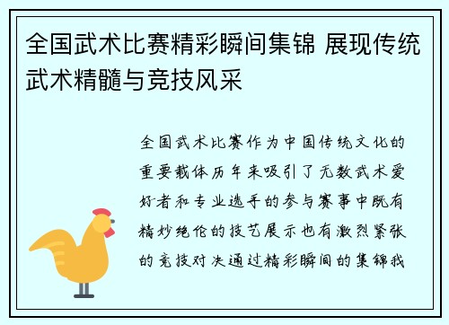 全国武术比赛精彩瞬间集锦 展现传统武术精髓与竞技风采