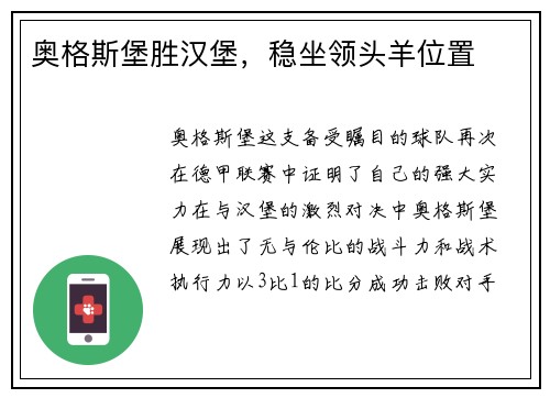 奥格斯堡胜汉堡，稳坐领头羊位置